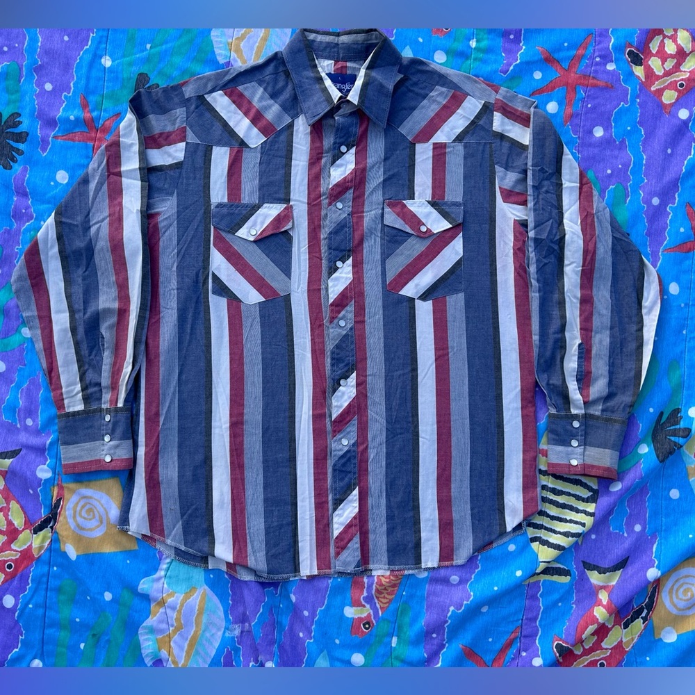 Vintage 80s/90s  Wrangler Western Men's Blue and Red Striped  large Shirt